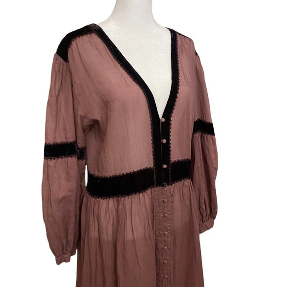 Chasing Unicorns Mauve Brown Cotton Voile Embroider 1970s Maxi Dress Large - Picture 3 of 10